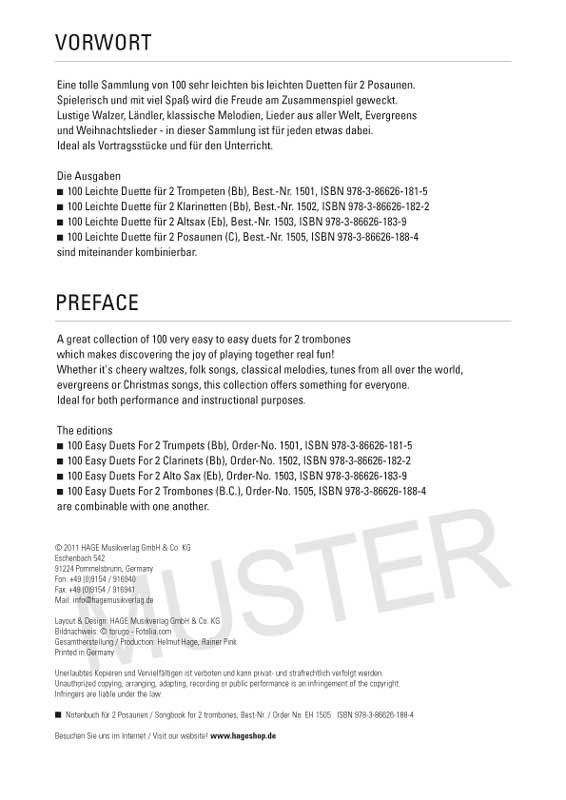 Noten 100 leichte Duette für 2 Posaunen Hage 1505 gut spielbar & kombinierbar
