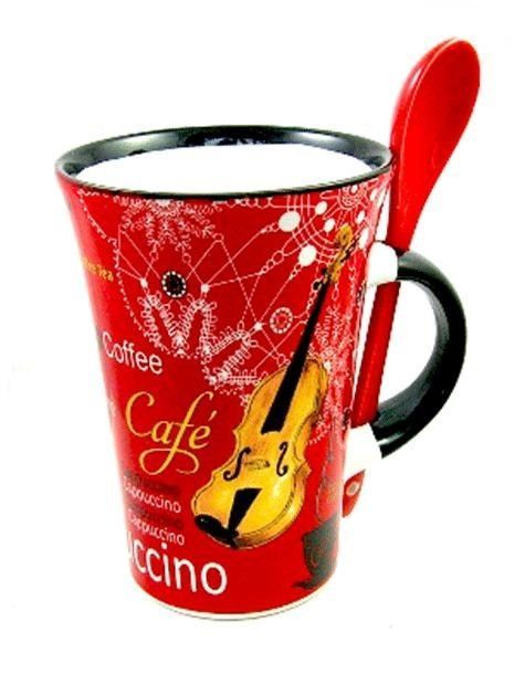 Tasse Cappuccino Tasse Geige Violine Streicher mit Löffel / Mug with spoon