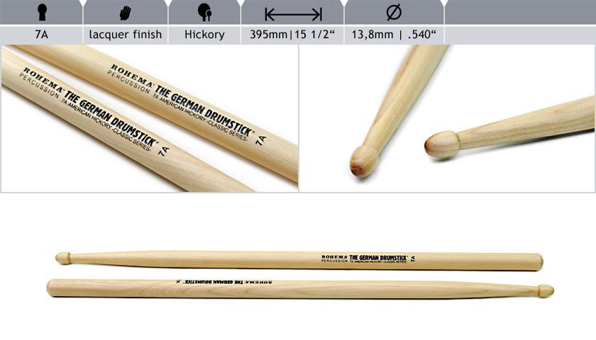 Rohema 7A Classic Hickory Drumsticks 613252