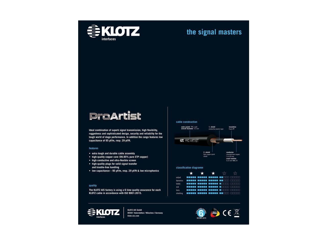 Klotz Gitarrenkabel Pro Artist 6m, 6,3mm Klinke/Klinke PRON060PP