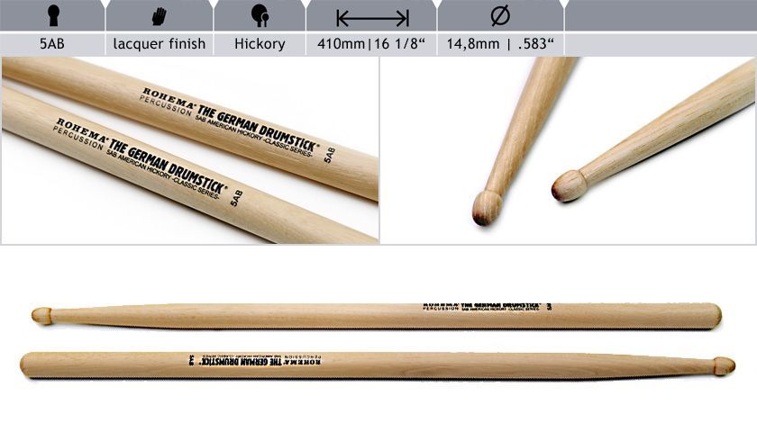 Rohema 5AB Classic Hickory Drumsticks 61326