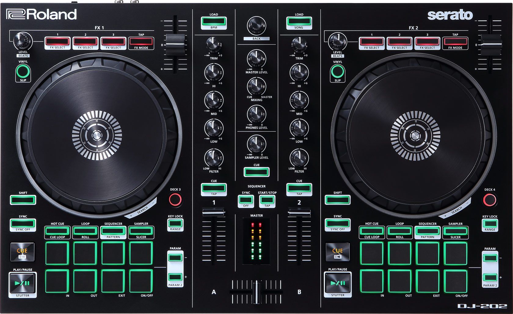 Roland DJ-202  2-Kanal DJ Controller für Serato Intro mit vier Decks