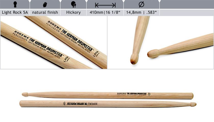 Rohema 5A Light Rock Natural Hickory Drumsticks 61321 2U