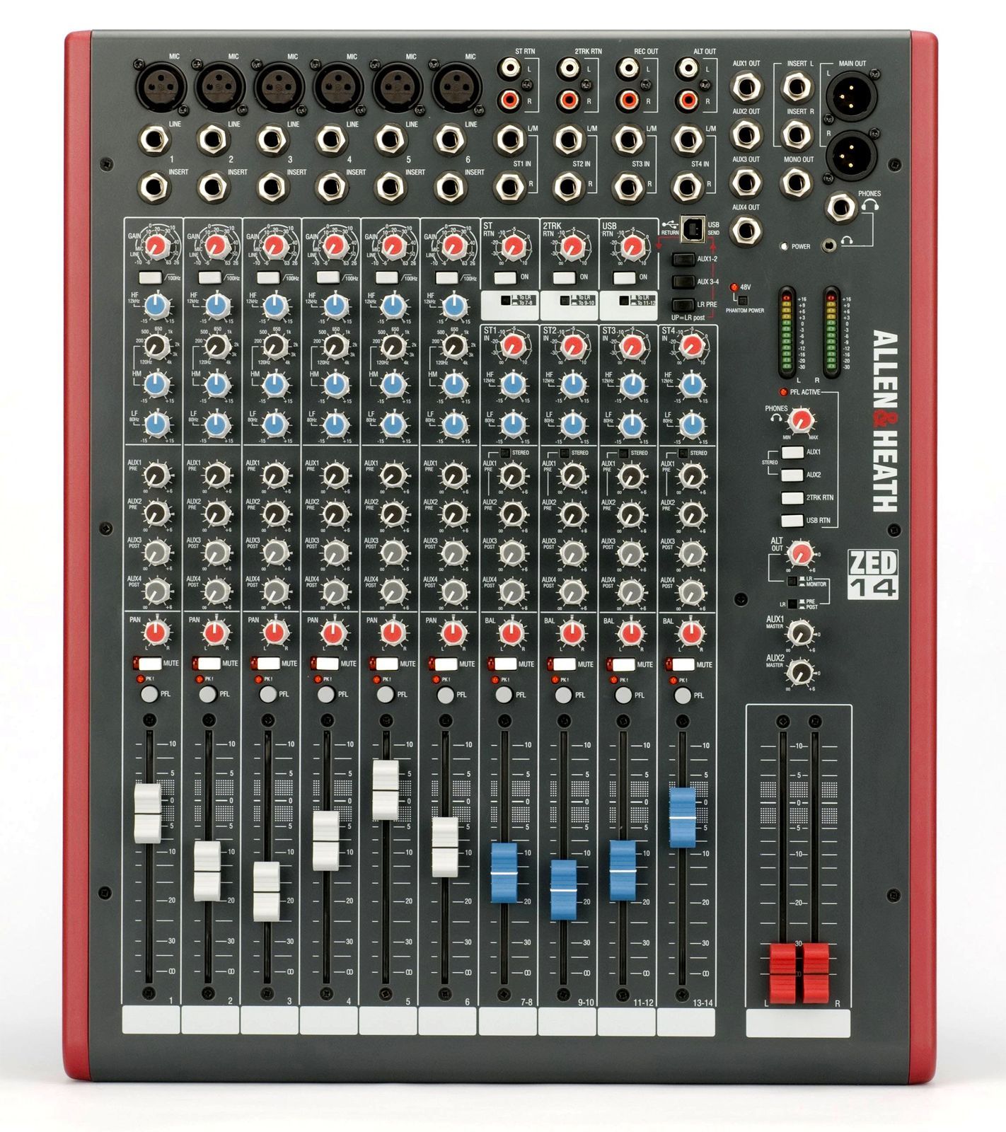 Allen&Heath ZED-14 Mixer, 8 Inputs, 2 StereoIN, 3-Band-EQ, USB, 4 Auxwege, Fader