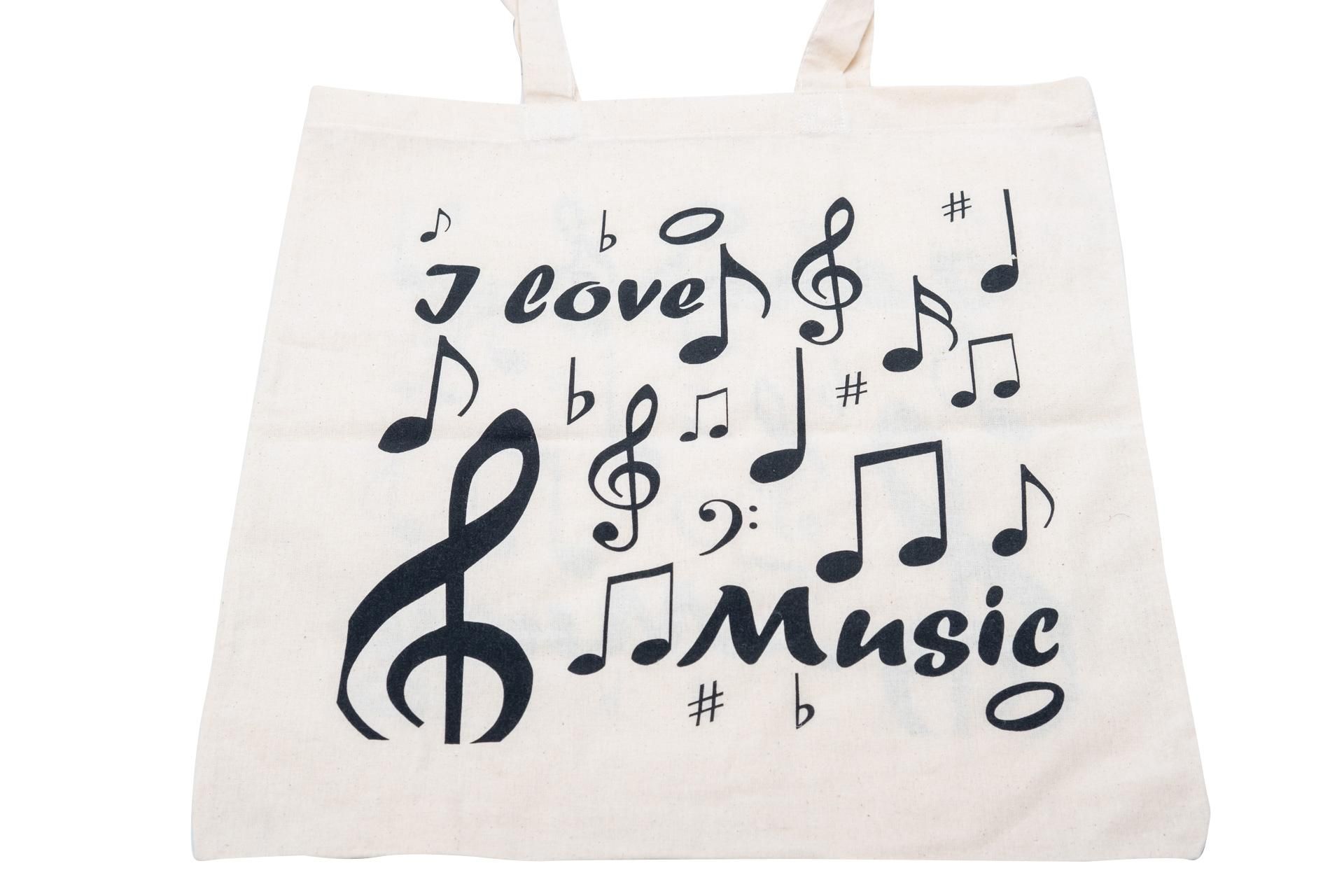 Tragtasche natur "I love Music", Musik-Design mit Violinschlüssel und Noten