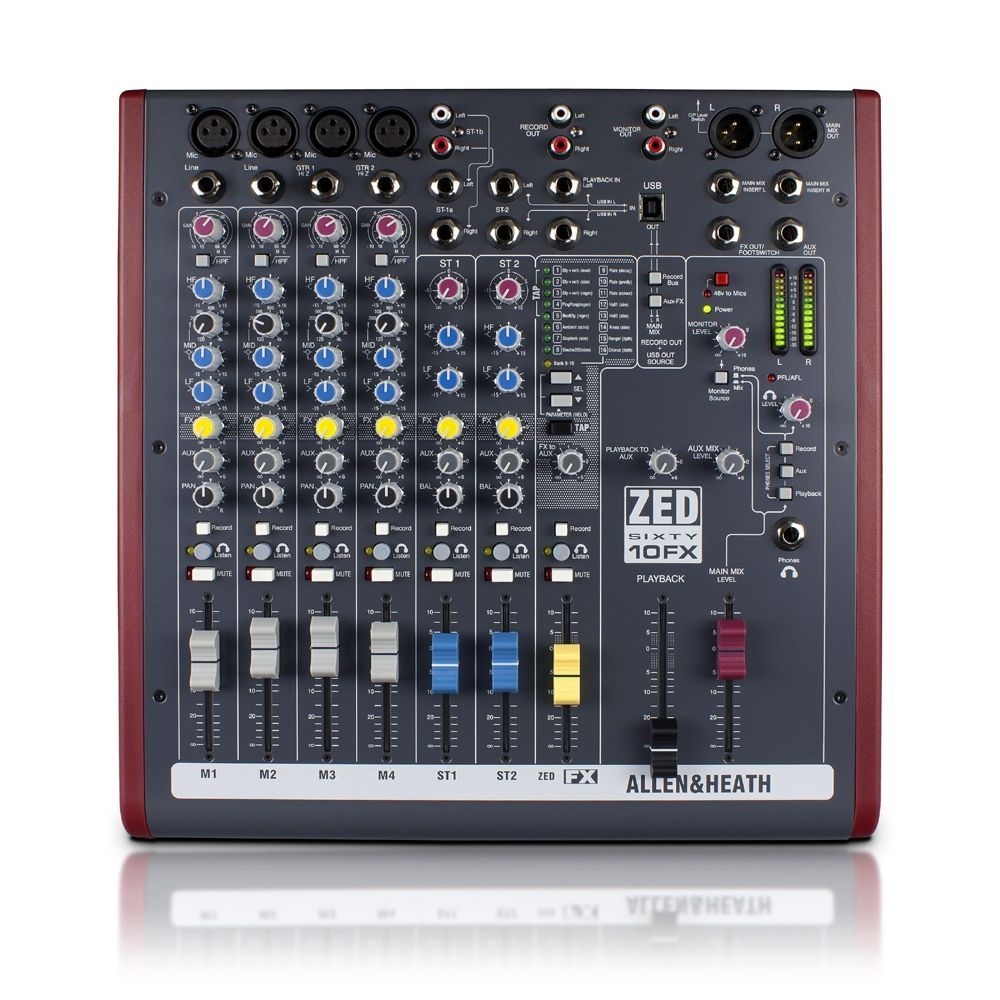 Allen & Heath ZED60-10FX Mixer mit 60mm Fader, 4 Mono + 2 Dual-StereoIN, USB, FX