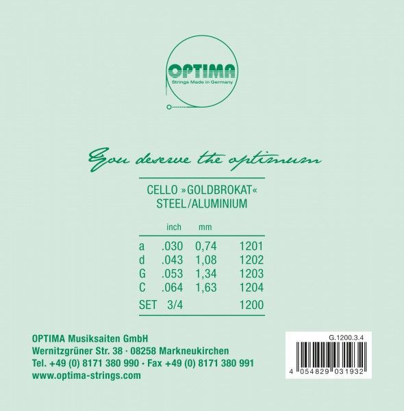 Cello Saiten Optima  Goldbrokat 3/4  Stahl Satz  862/1200B