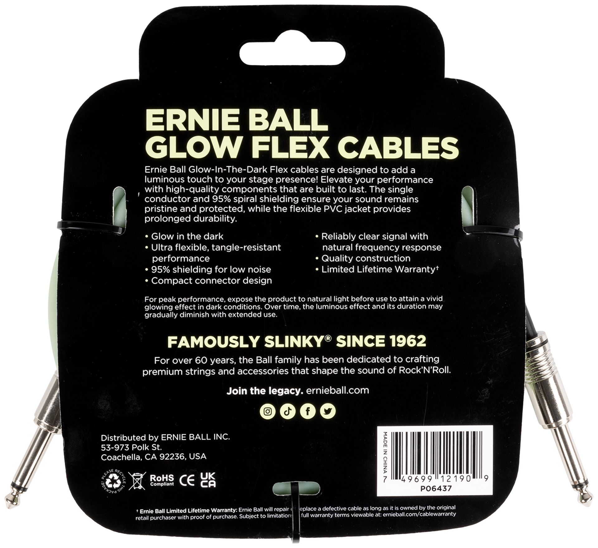 Ernie Ball EB6437 Instrumentenkabel Flex Glow in the Dark 6,09m lang gerade/ger.