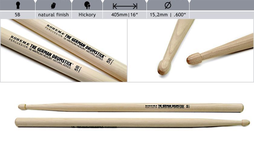 Rohema 5B Natural Hickory Drumsticks 61324 2U