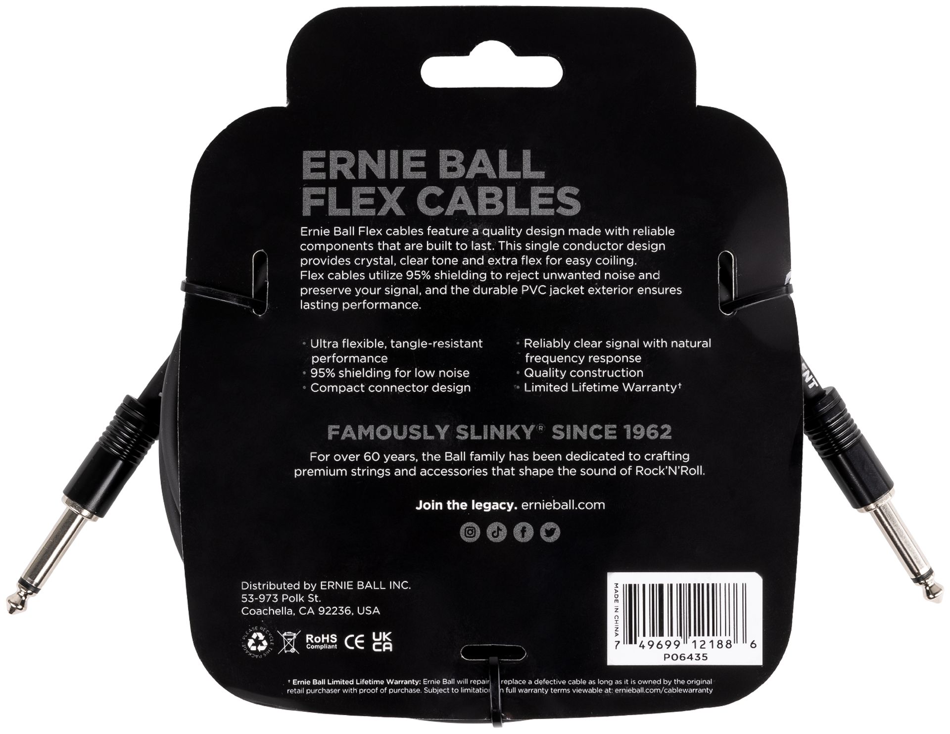 Ernie Ball EB6435 Instrumentenkabel Flex schwarz 6,09m lang  gerade/gerade