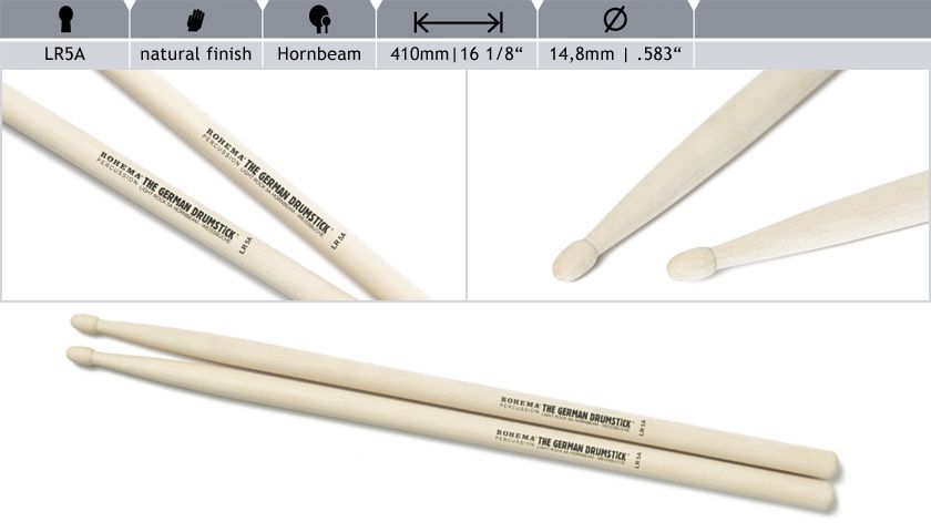 Rohema 5A Classic Light Rock Weißbuche Drumsticks 613211