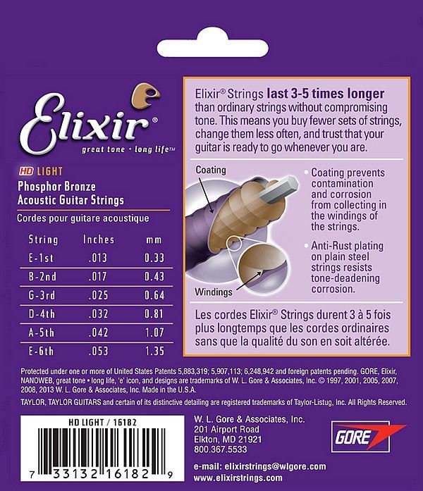 Elixir Akustik-Saiten Phosphor Bronze Nanoweb, HD Light 6-String .013-.053