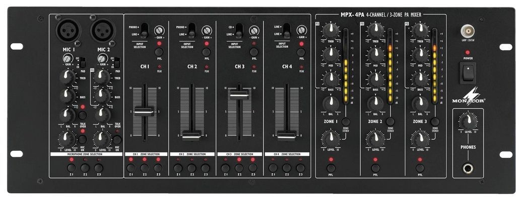 Monacor MPX-4PA 19" 3-Zonen Mixer, 2 Mikrofon + 4 Stereoeingänge, Talkover