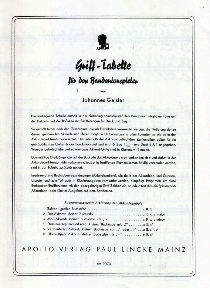 Noten Grifftabelle Bandoneon Johannes Geisler Apollo Verlag AV 2070  - Onlineshop Musikhaus Markstein