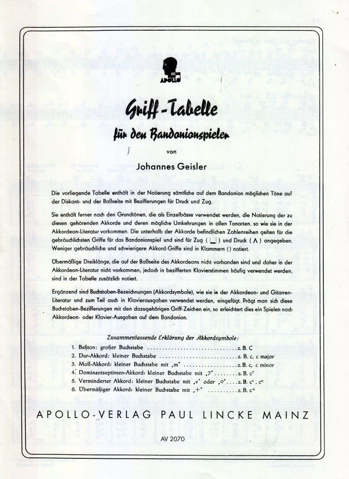 Noten Grifftabelle Bandoneon Johannes Geisler Apollo Verlag AV 2070