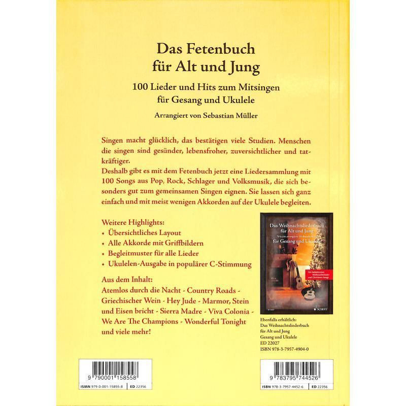 Noten Das Fetenbuch für Alt und Jung Gesang & Ukulele ED 22356  Sebastian Müller