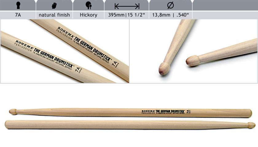 Rohema 7A Natural Hickory Drumsticks 61325 2U