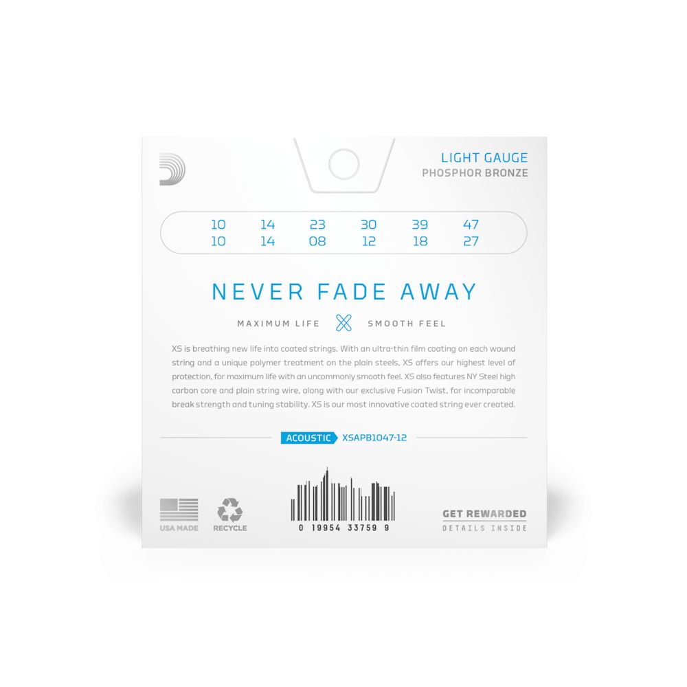 D'Addario XSAPB1047-12  XS Acoustic Phosphor Bronze 12-Saiter Satz Light 10-47