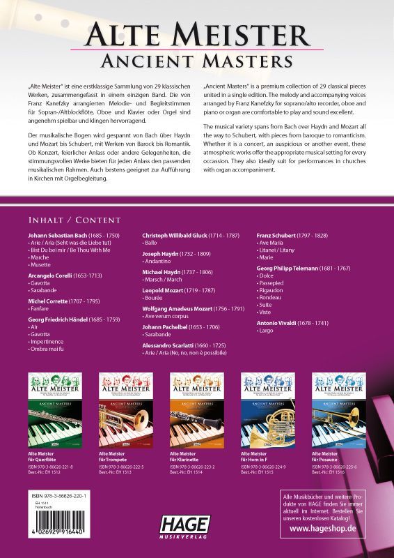 Noten Alte Meister für Blockflöte und Klavier (Orgel) F. Kanefzky Hage 1511