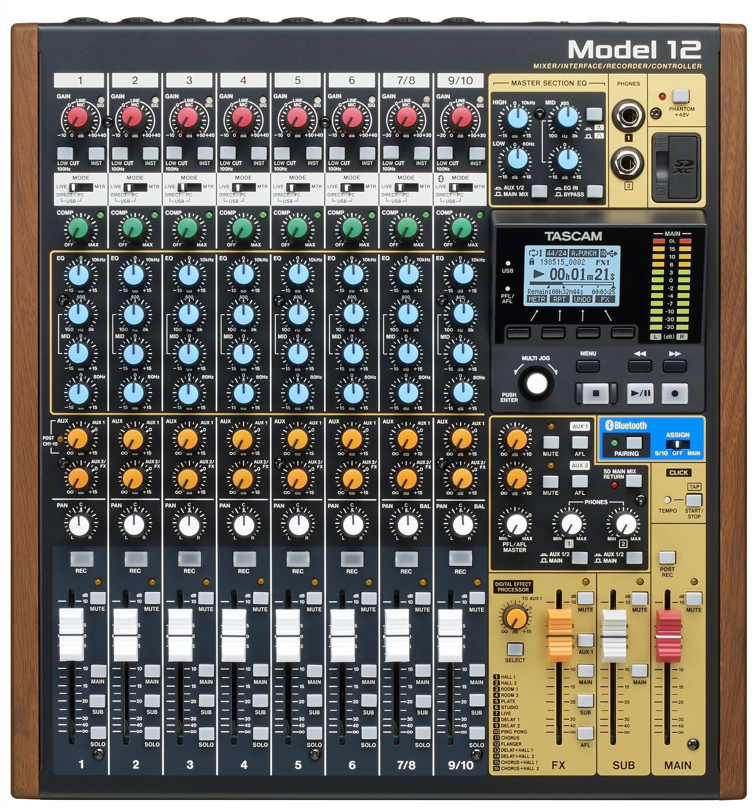 Tascam Model 12 Mixer mit USB Audiointerface, Recorder und DAW-Steuerung_00042385_