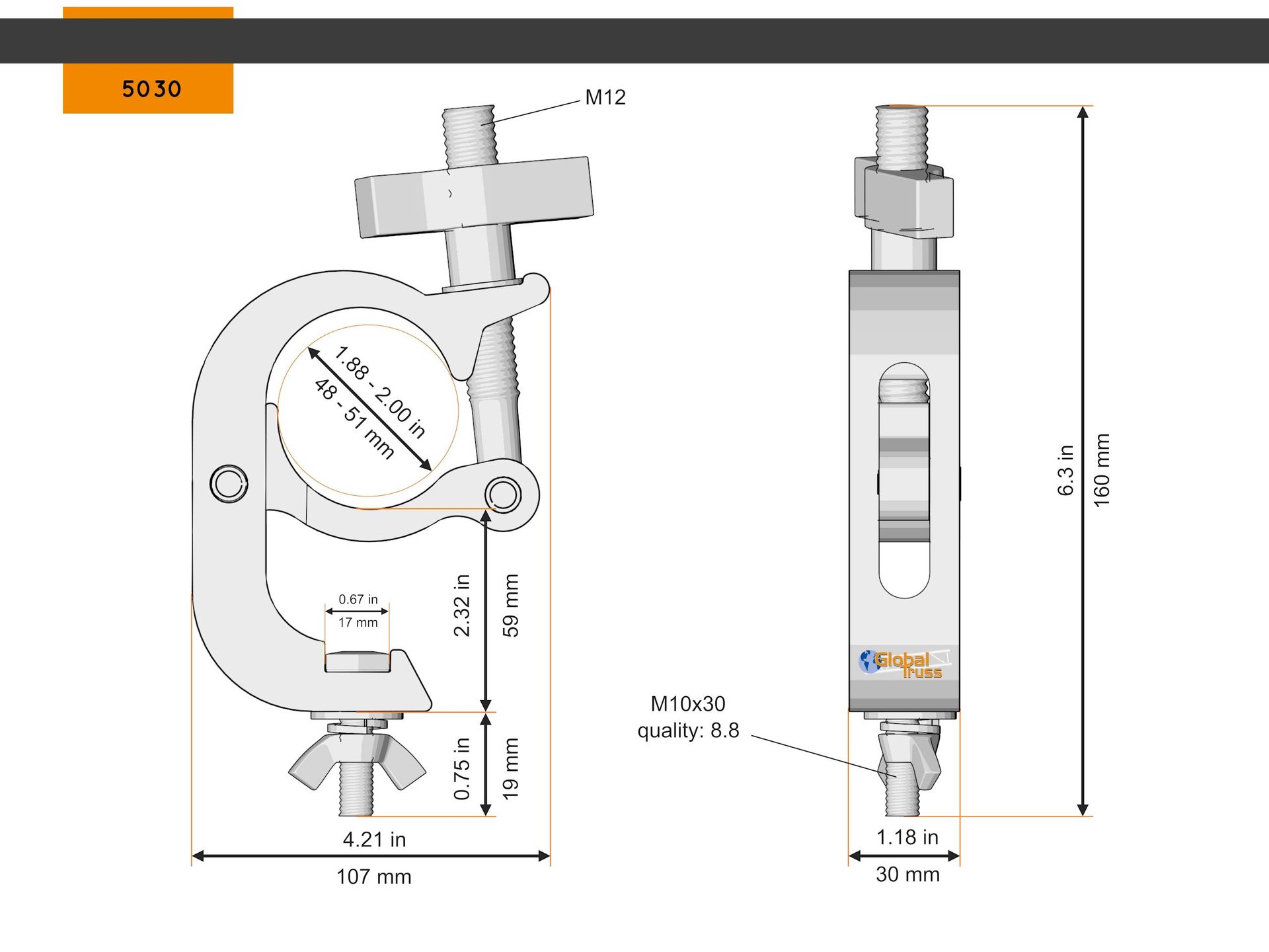 Global Truss 5030 Selflock Hook 48-51/30/250kg, Scheinwerfer Haken, QuickCoupler