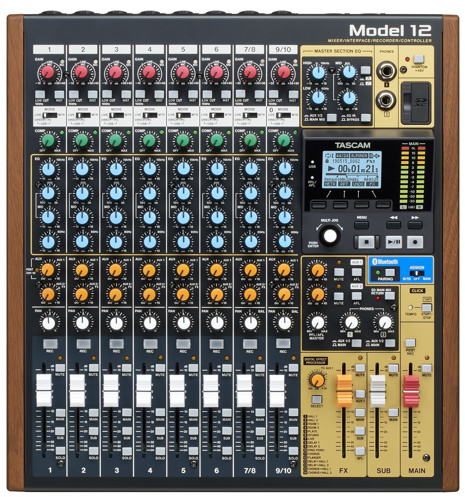 Tascam Model 12 Mixer mit USB Audiointerface, Recorder und DAW-Steuerung